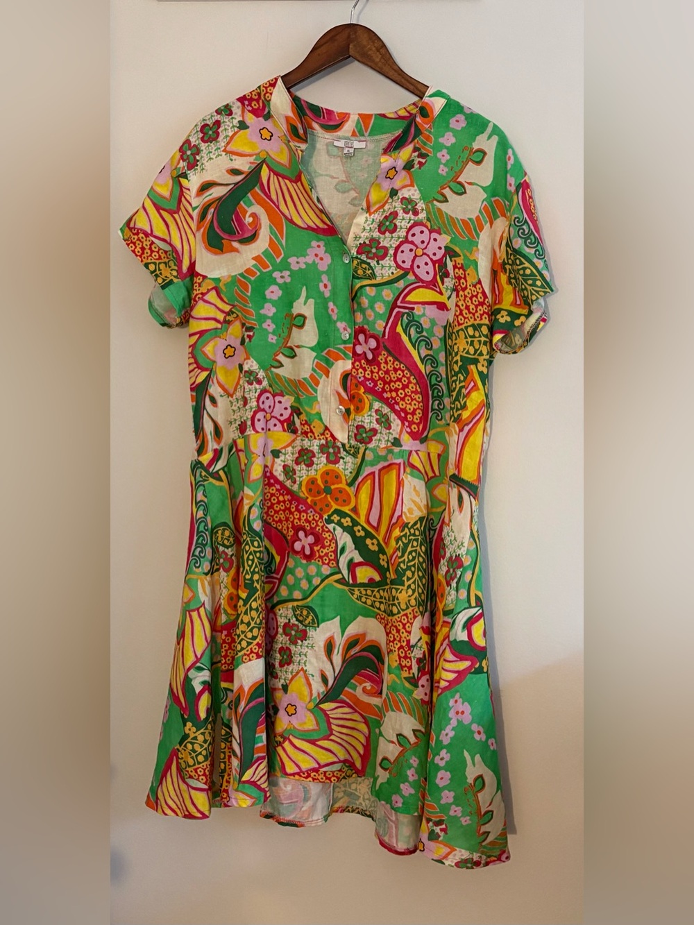 Kaktus 100% Linen Bright Green Multicolor Floral Button-Down Dress Size: XL